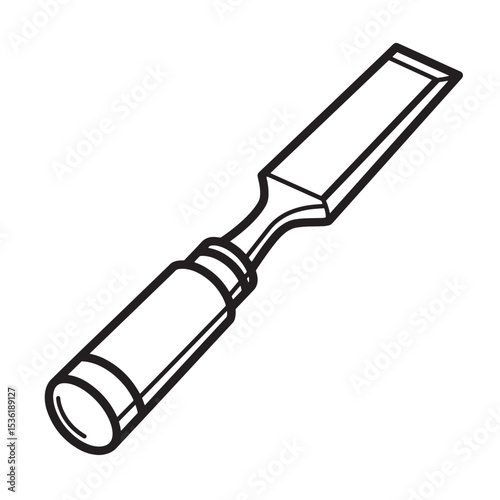 A detailed black and white line art illustration of a woodworking chisel silhouette on a white background depicting carpentry tools.