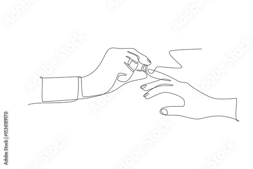 Hands putting on engagement ring. Engagement concept one-line drawing