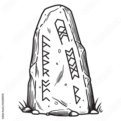 A detailed black and white silhouette depicting an ancient rune stone engraved with mysterious symbols and markings isolated on white background.