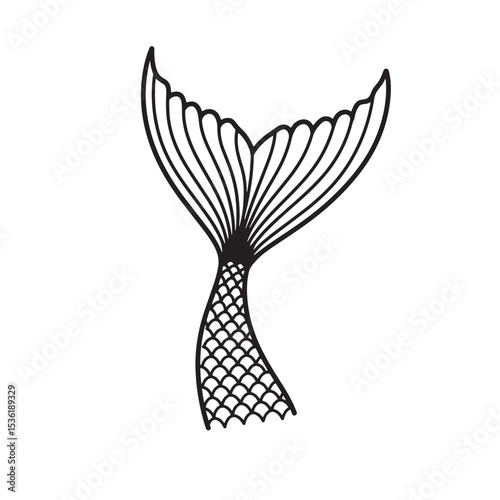 A detailed black silhouette vector illustration depicting a mermaid tail design with elegant lines and a seamless scaly lower portion
