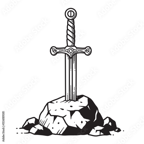 A detailed hand-drawn silhouette illustration depicting a sword embedded in a stone symbolic of power strength and legend.