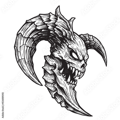 A detailed black and white silhouette illustration of a menacing demon skull featuring prominent horns and sharp teeth on a pure white background.