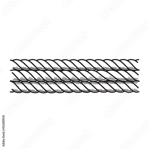 A detailed silhouette illustration of a thick nautical rope element isolated on a clean white background suitable for design.