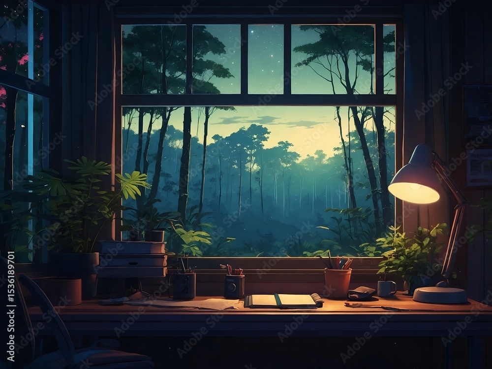 Fototapeta premium Cozy workspace with forest view at twilight.