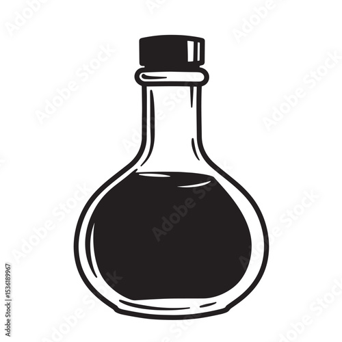 A simple black and white illustration of a rounded laboratory flask bottle containing liquid in a clean silhouette style