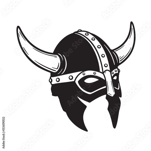 A striking black and white silhouette illustration of a traditional viking helmet with horns isolated on a pristine white backdrop