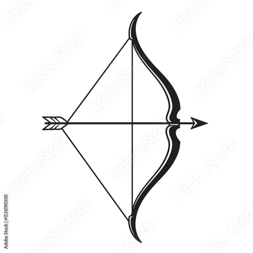 An elegant black silhouette illustration depicting an archery bow and arrow for design and decorative purposes in a minimalist style