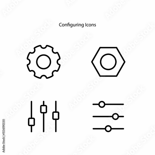 Configuration icons or setting icons in outline style containing gears, nuts, controls, equalizers, or adjustment icons.
