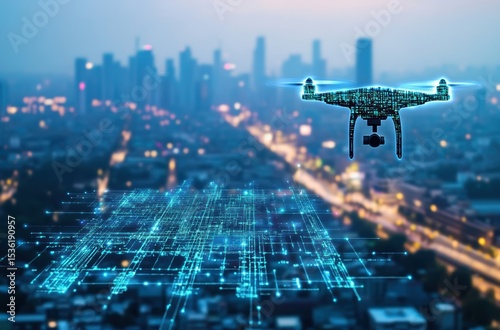 Drone scanning a digital blueprint over a smart construction zone, city skyline