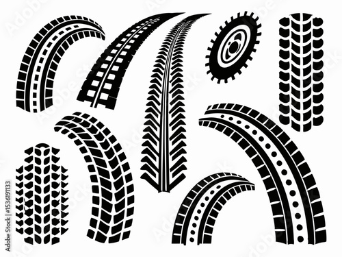 Tire tracks black silhouette, Grunge tire track, wheel braking marks. Truck, car or motorcycle tread pattern silhouette. vector illustration