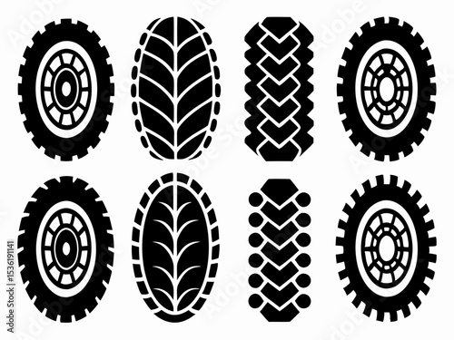 Tire tracks black silhouette, Grunge tire track, wheel braking marks. Truck, car or motorcycle tread pattern silhouette. vector illustration