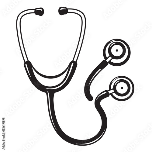 Detailed monochrome illustration of a medical stethoscope depicting healthcare diagnosis instruments and health related topics in a silhouette style.