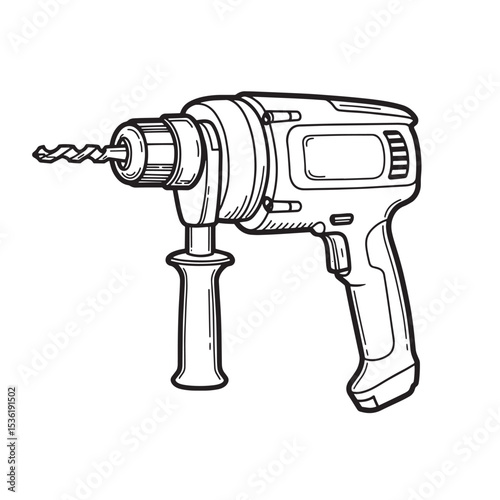 Detailed silhouette illustration of a cordless power drill machine depicting a handheld tool for drilling and construction work
