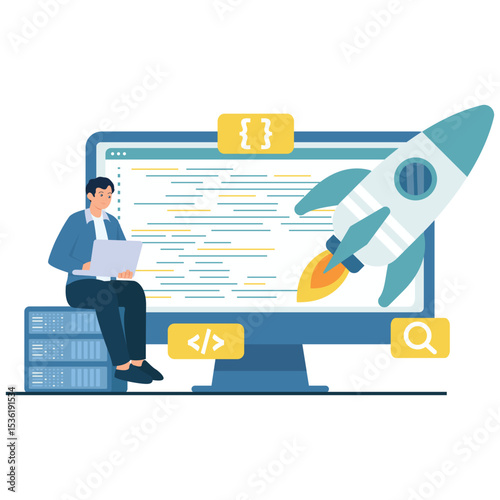 Software Development Illustration. Vector illustration of A developer launches a web application with a rocket flying out from the screen. Isolated on background