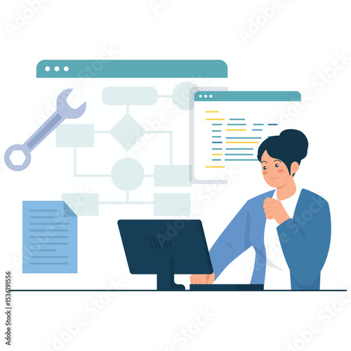 Software Development Illustration. Vector illustration of A woman works with logic flowcharts and tools for software architecture and development. Isolated on background