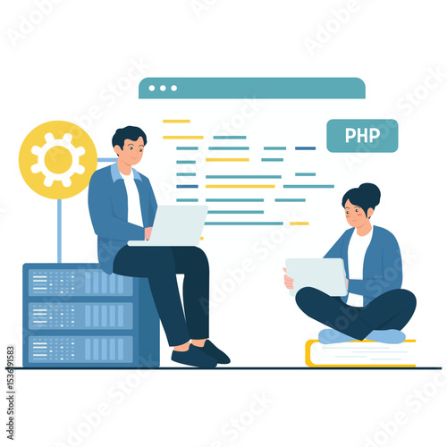 Software Development Illustration. Vector illustration of A male and female developer write PHP code while collaborating on a project. Isolated on background