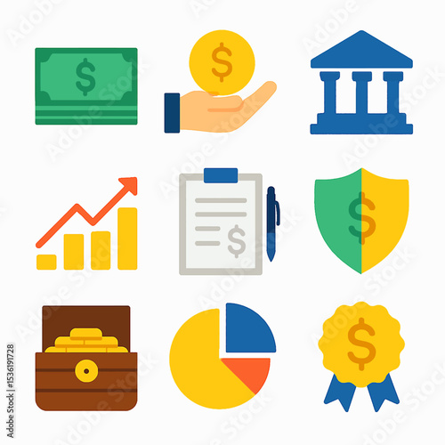 Colorful flat icons representing financial concepts, money, and banking.