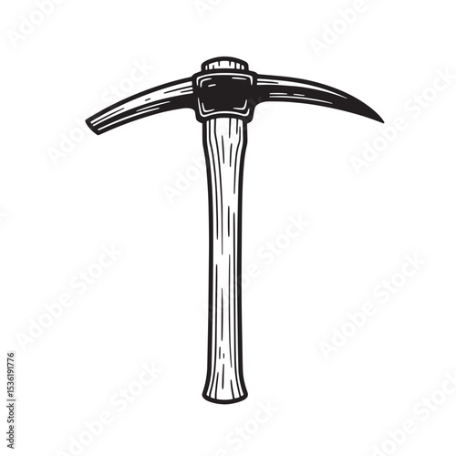 Detailed vector illustration showcasing a hand drawn pickaxe featuring a wooden handle and a metal blade suitable for construction, mining, and digging.