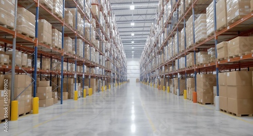 Warehouse Interior with Shelved Boxes
