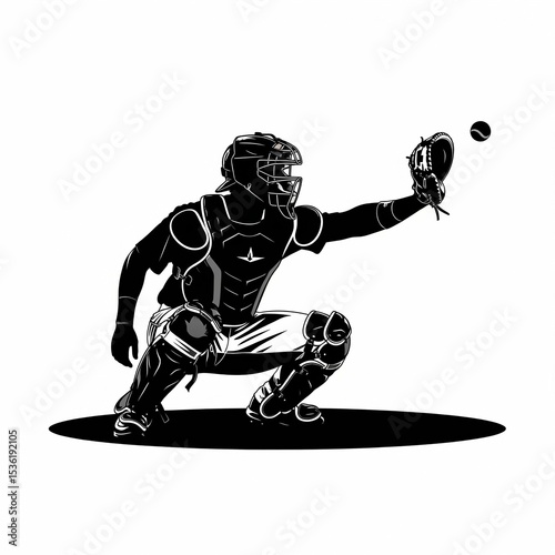 Baseball catcher catching ball, abstract vector silhouette. Isolated ink drawing of a baseball player in catching gear
