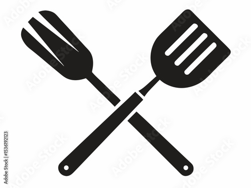 Grill fork and spatula tool silhouette vector, Cute cartoon hand drawn vector Barbecue spatula and fork sign silhouette.