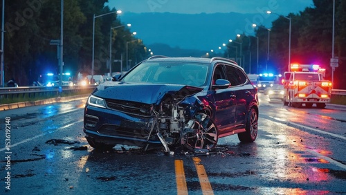 Car accident scene urban road emergency response nighttime traffic safety awareness
