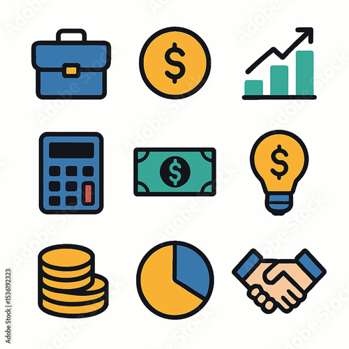 Business icons depicting financial success, growth, and collaboration.