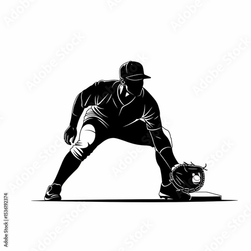 Baseball infielder fielding ground ball, abstract vector silhouette. Isolated ink drawing of a baseball player ready to catch