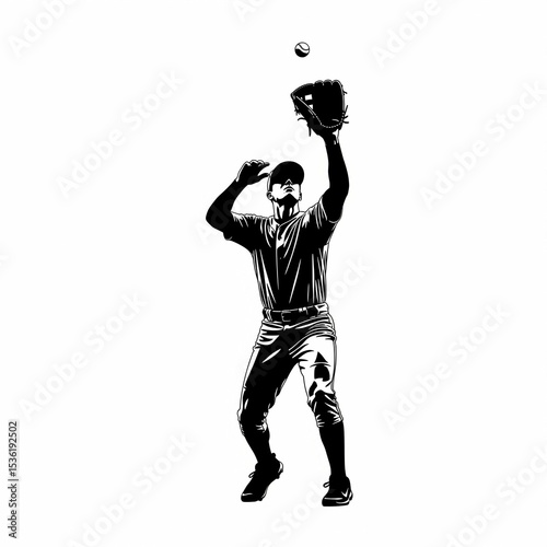 Baseball player catching ball, abstract vector silhouette. Baseball catcher or fielder isolated ink drawing.