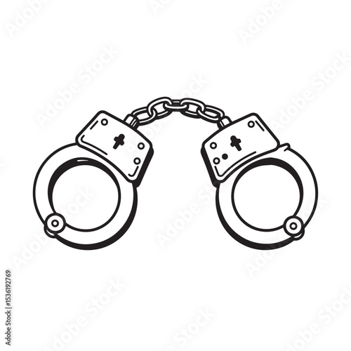 Simple black and white illustration of connected handcuffs symbolizing law justice and confinement silhouette concept