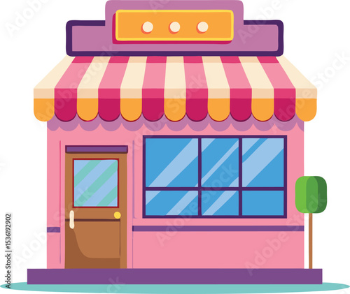 Cute Cartoon Pink Shop Front with Striped Awning