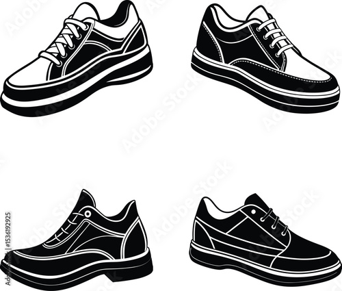 Four different shoe silhouettes, in black and white, are perfect for fashion design inspiration, apparel, or print projects.
