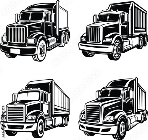 This set of four monochrome illustrations depicts various types of heavy-duty trucks, including a flatbed, dump truck, and a variety of other configurations.