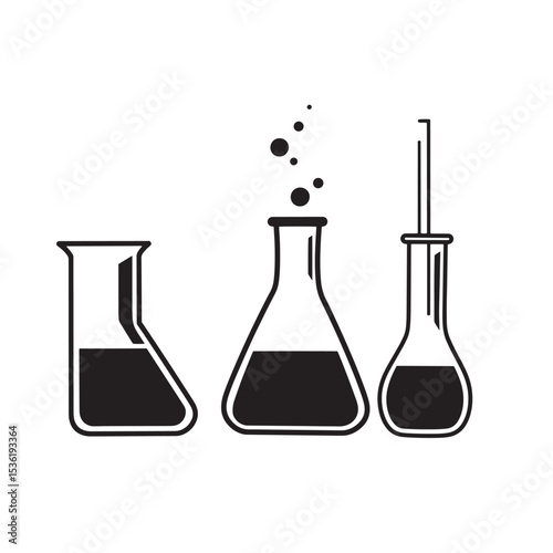 Three black and white laboratory glassware flasks vector silhouette illustrations representing science and chemistry elements.