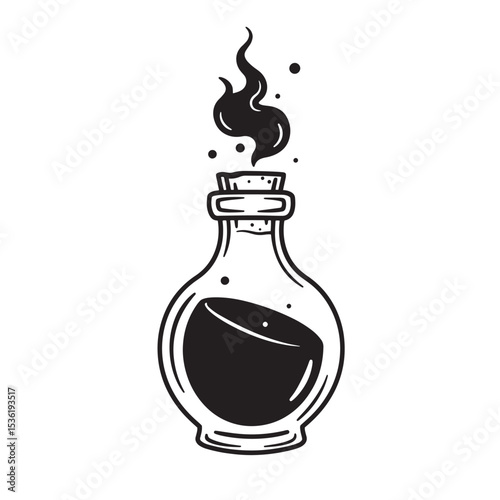 Vector illustration of a black potion bottle with smoke emitting a silhouette style perfect for halloween themes and magical concepts.