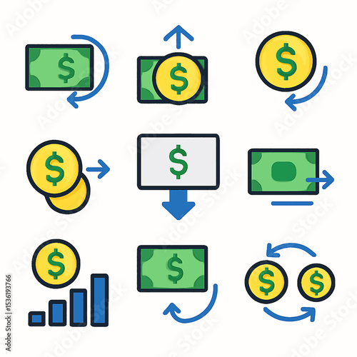 Illustrated icons depicting various financial transactions and monetary concepts.