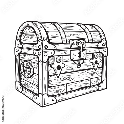 Vintage hand drawn wooden chest illustration in monochrome silhouette suitable for pirate treasure games or antique adventure themes.