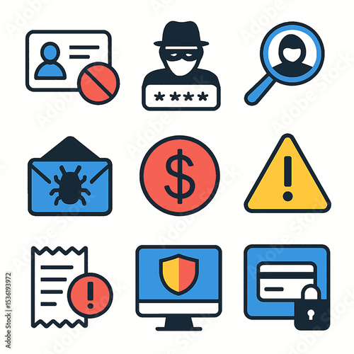 Icons representing digital security threats, identity theft, and financial fraud.