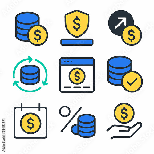 Nine financial icons depicting money, growth, security, and transactions in a clean, modern style.
