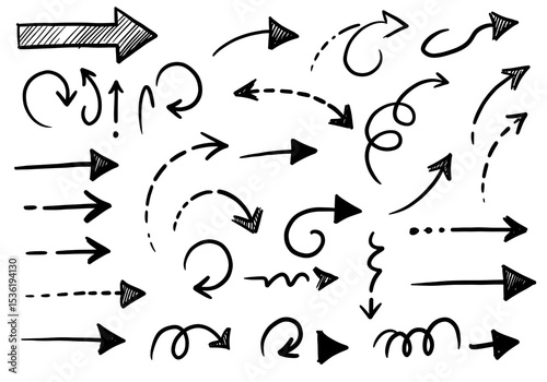 Collection of handdrawn doodlestyle arrows pointing in various directions