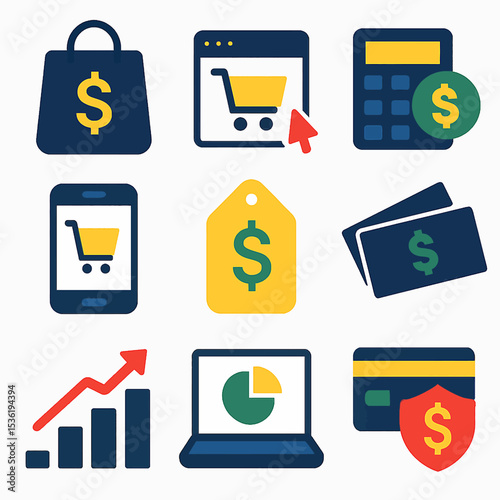 Colorful icons representing various aspects of online shopping and financial transactions.