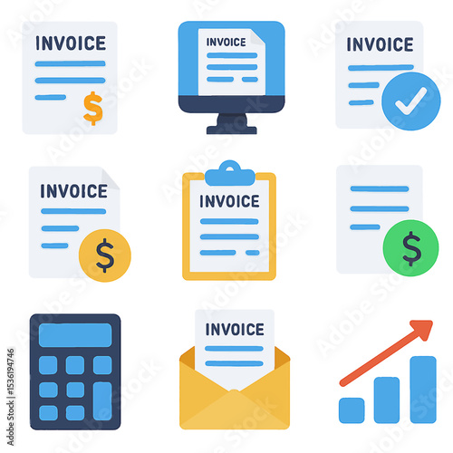 Collection of invoice icons depicting financial transactions, online billing, and business accounting processes.