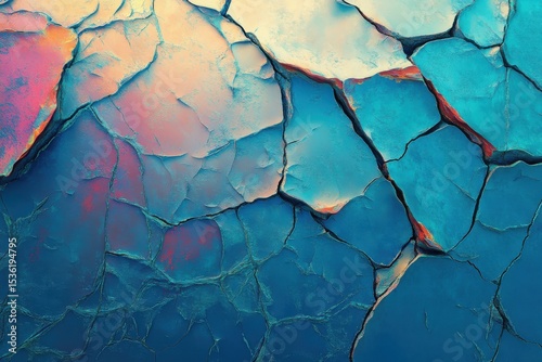 The image is of a cracked and broken surface, with blue and pink colors. The cracks and breaks give the impression of a fractured and damaged area. The colors of blue.