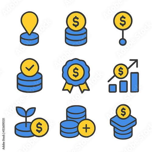 Collection of financial icons, depicting various aspects of money management and growth.