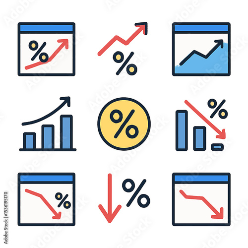 Set of nine icons depicting percentage increase and decrease, represented by arrows and graphs.
