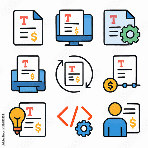 A collection of nine icons depicting various document processing and management tools.