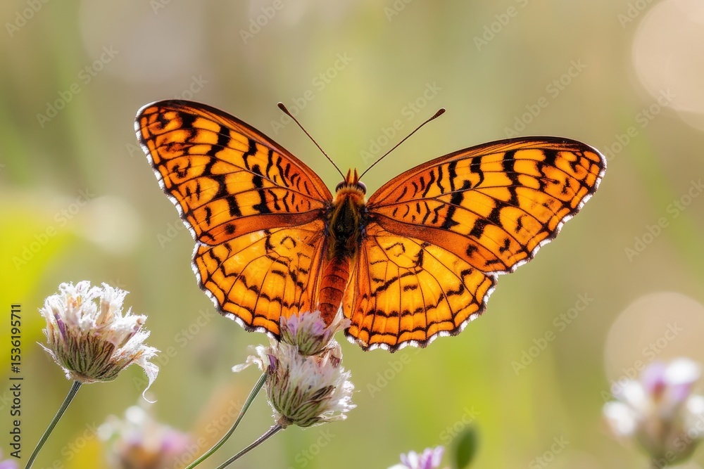Fototapeta premium A vibrant orange butterfly beautifully perched. A butterfly is sitting on a flower. The butterfly is orange and black. The flower is purple.