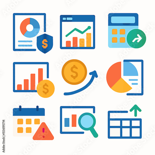 Financial data analysis icons: charts, graphs, calculator, calendar, and currency symbols illustrate financial planning and growth.