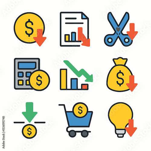 Financial crisis icons depicting falling profits, budget cuts, and economic downturn.