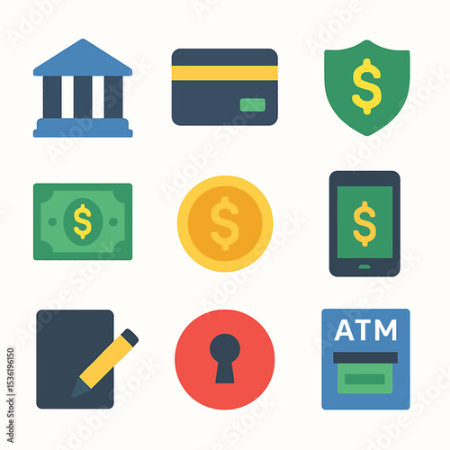 A collection of financial and banking icons, representing various money-related concepts.